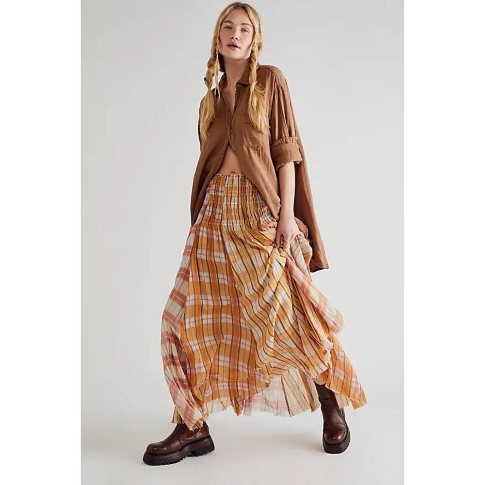 FREE PEOPLE Lausanne Convertible Maxi Skirt Neutral Plaid Western Boho Sz Large